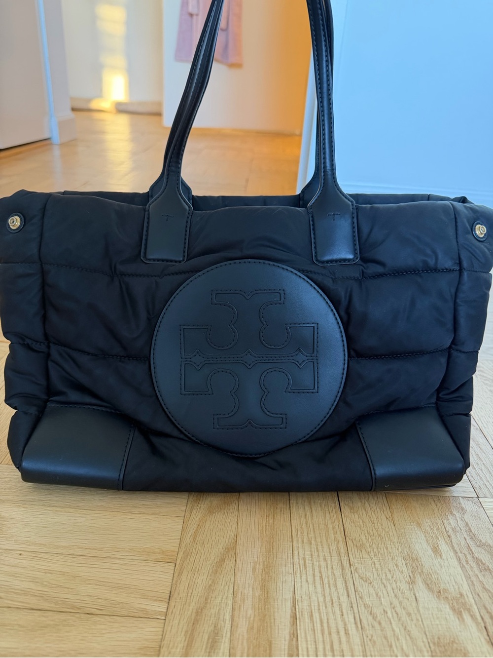 Tory Burch Black Quilted Nylon Logo Tote with Leather Trim